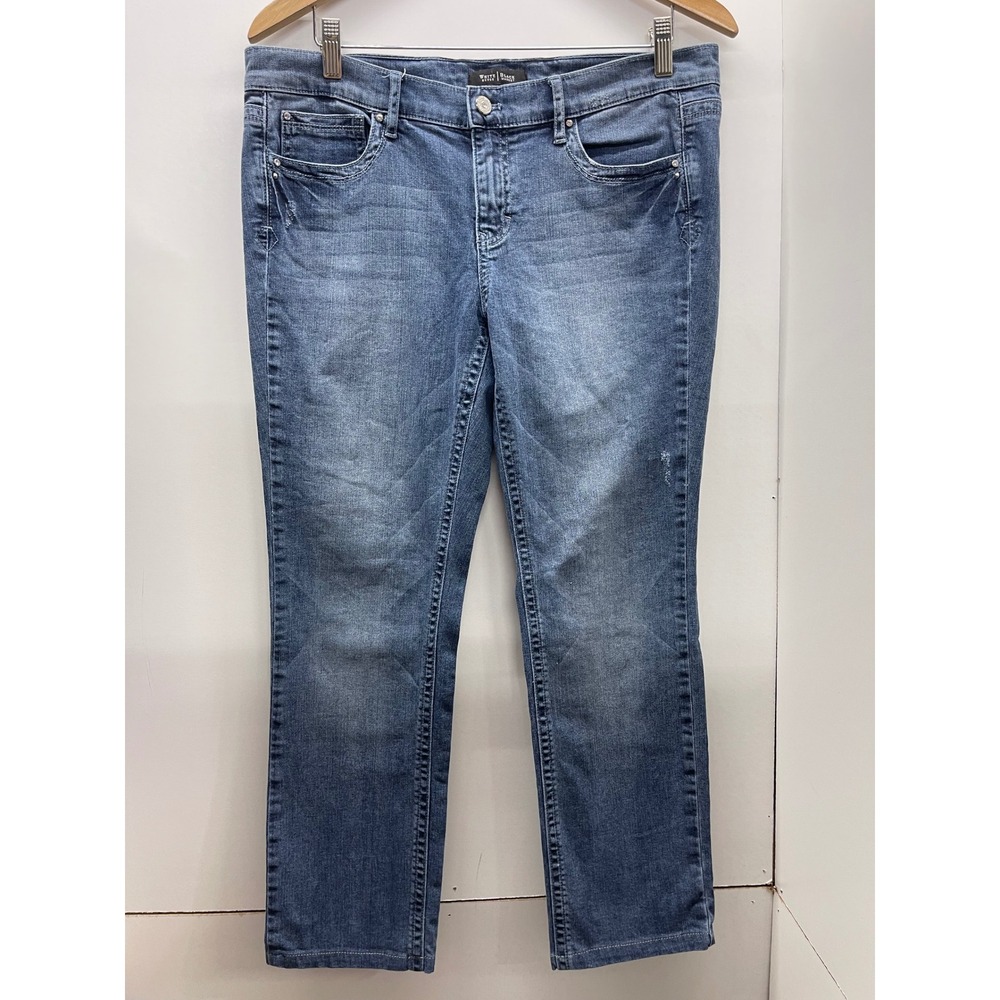 White House Black Market Noir Straight Leg Jeans Blue Embroidered Pockets Sz 10